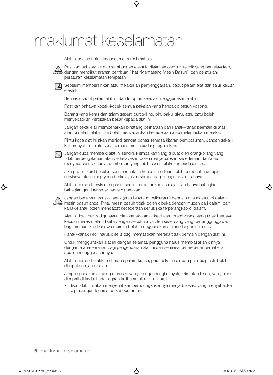 Maklumat keselamatan | Samsung WD8122CVD User Manual | Page 42 / 144