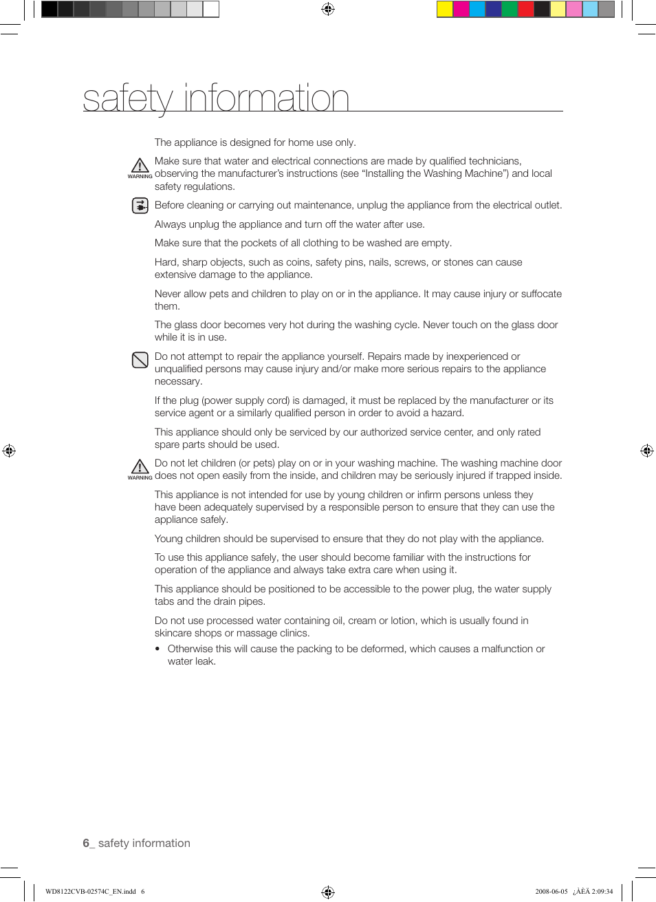 Safety information | Samsung WD8122CVD User Manual | Page 6 / 144