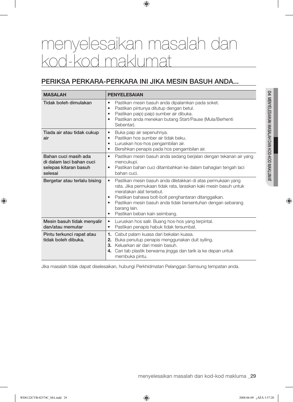 Menyelesaikan masalah dan kod-kod maklumat, Periksa perkara-perkara ini jika mesin basuh anda | Samsung WD8122CVD User Manual | Page 65 / 144