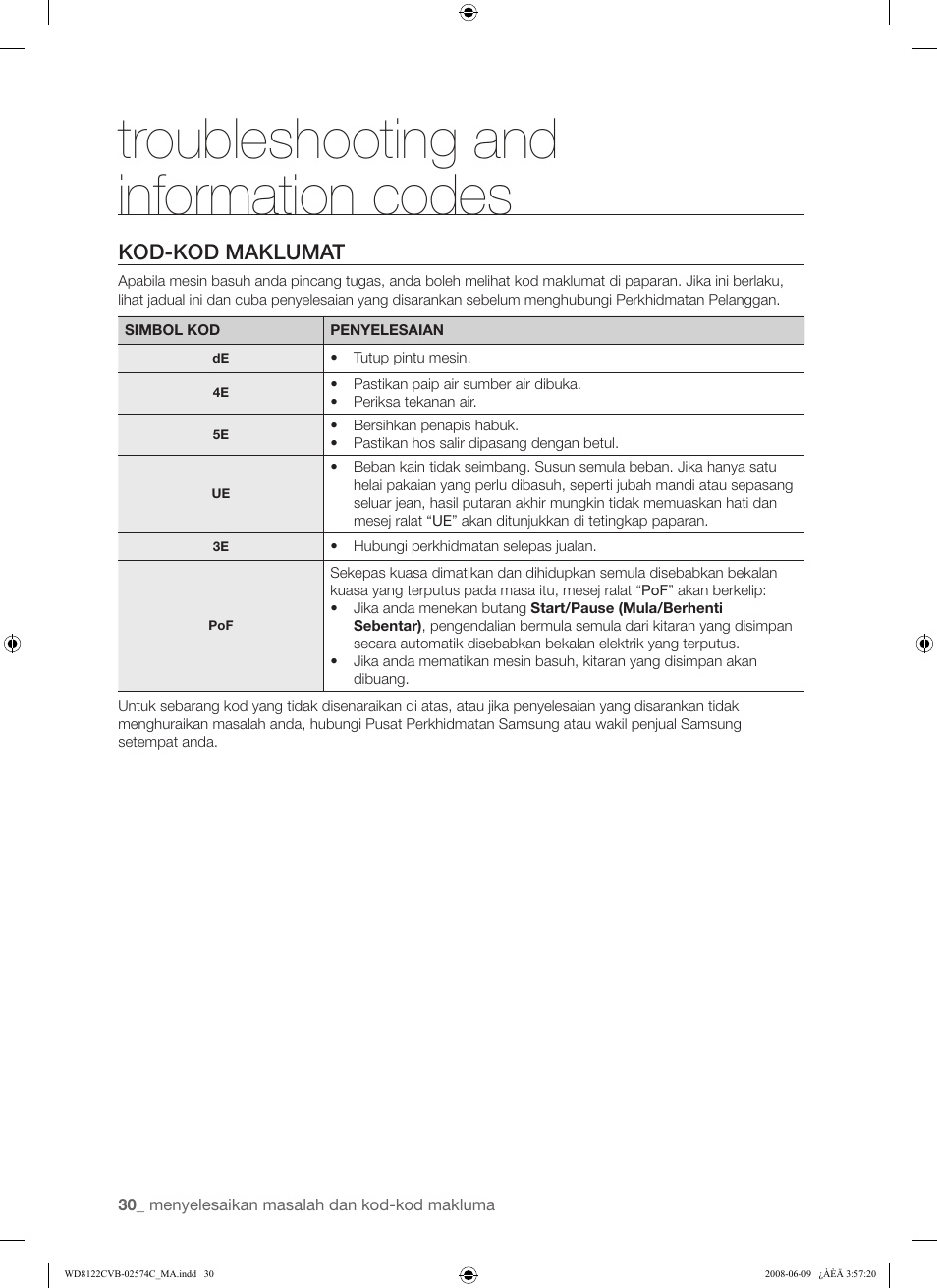 Troubleshooting and information codes, Kod-kod maklumat | Samsung WD8122CVD User Manual | Page 66 / 144