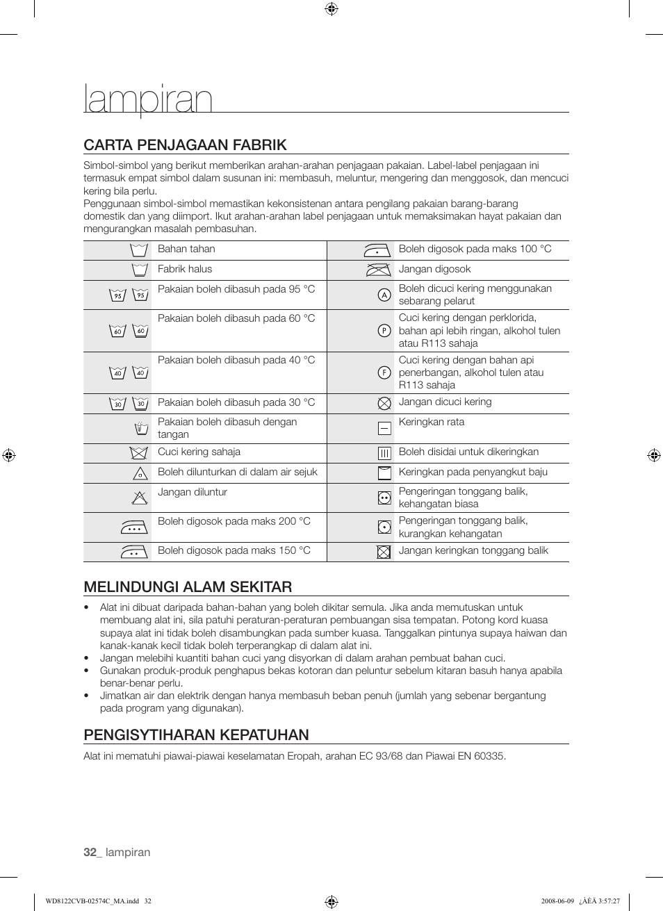 Lampiran, Carta penjagaan fabrik, Melindungi alam sekitar | Pengisytiharan kepatuhan | Samsung WD8122CVD User Manual | Page 68 / 144