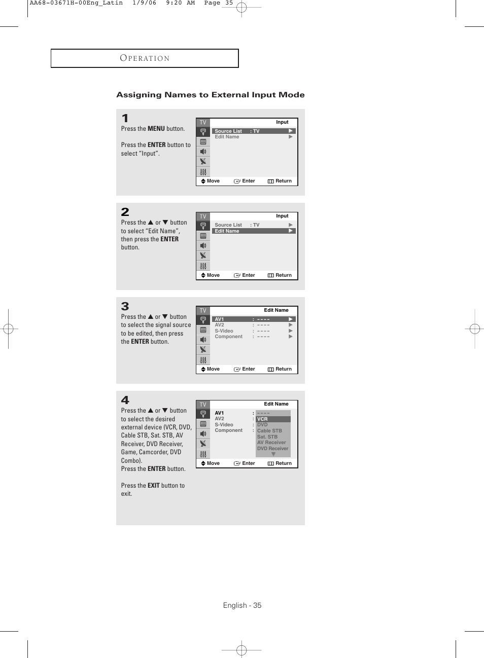 Assigning names to external input mode | Samsung CL21M2 User Manual | Page 35 / 60