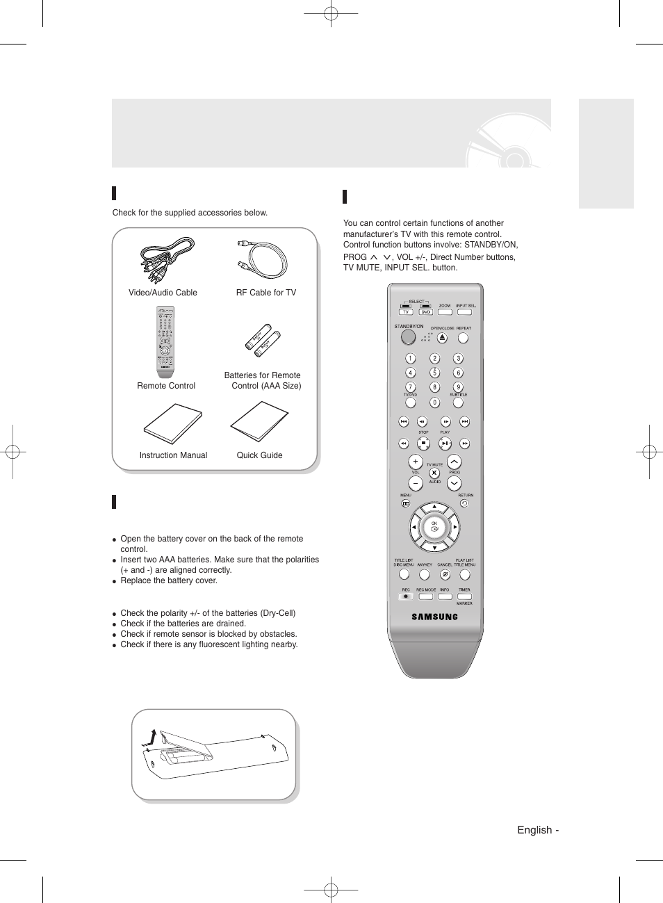 Unpacking, Accessories, Preparing the remote control | Setting the remote control | Samsung DVD-R130 User Manual | Page 11 / 93