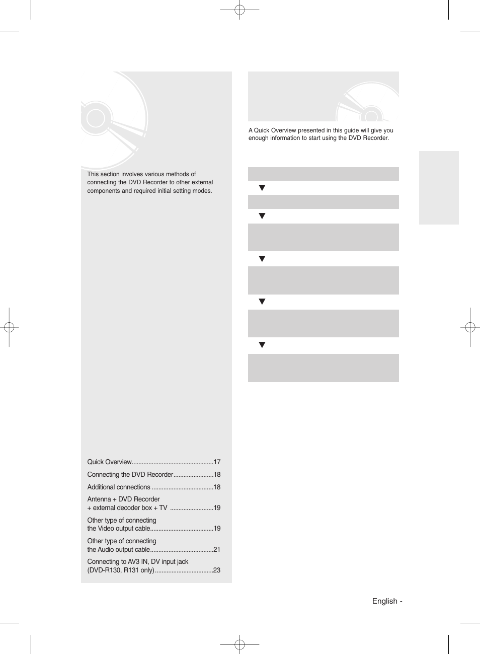 Connecting & setting up, Quick overview, Connecting & s etting up | Samsung DVD-R130 User Manual | Page 17 / 93