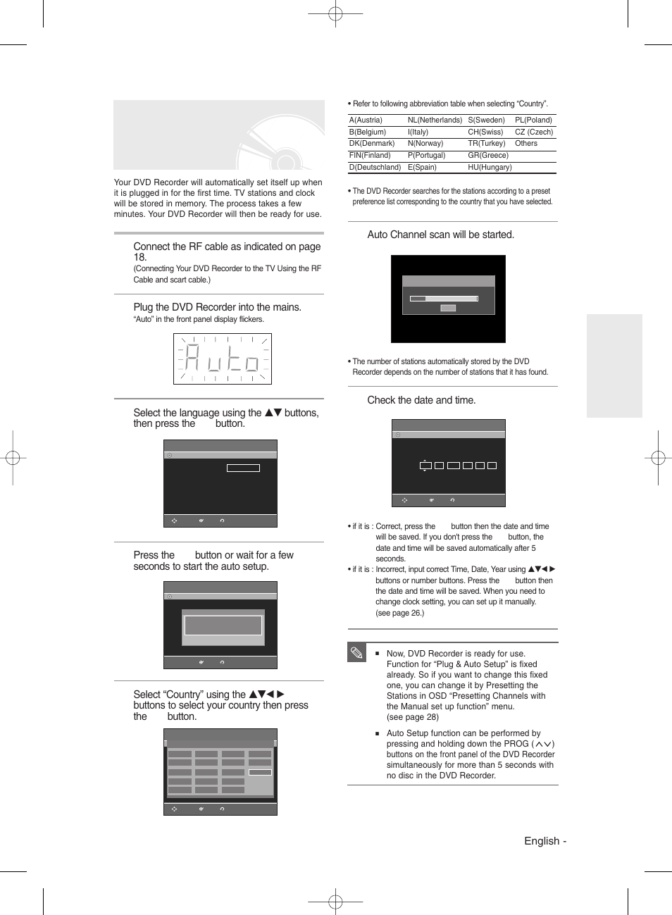 Plug & auto setup, English, Connect the rf cable as indicated on page 18 | Plug the dvd recorder into the mains, Auto channel scan will be started, Check the date and time | Samsung DVD-R130 User Manual | Page 25 / 93