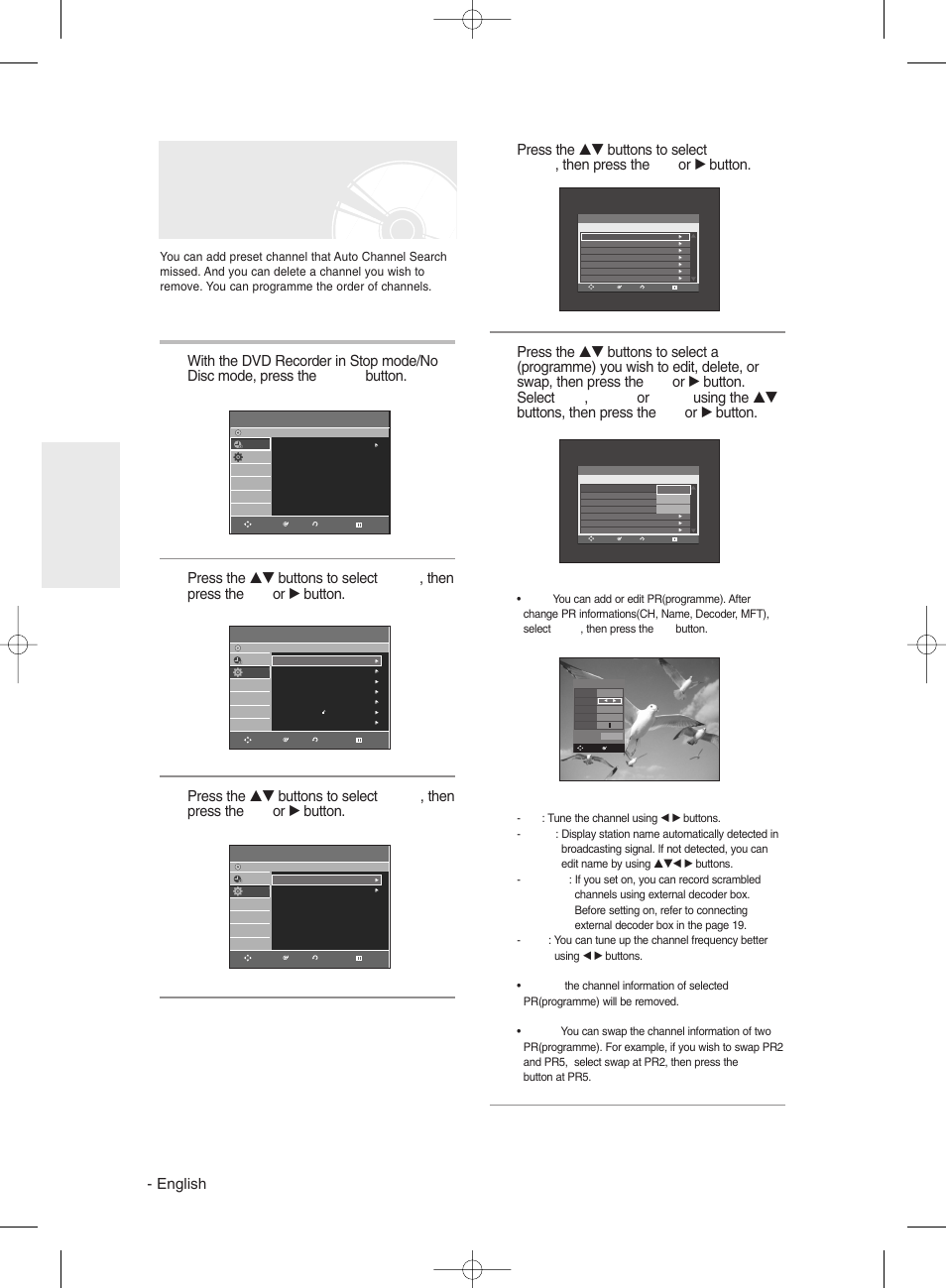 Presetting channels with the manual setup function, English, System setup | Samsung DVD-R130 User Manual | Page 28 / 93