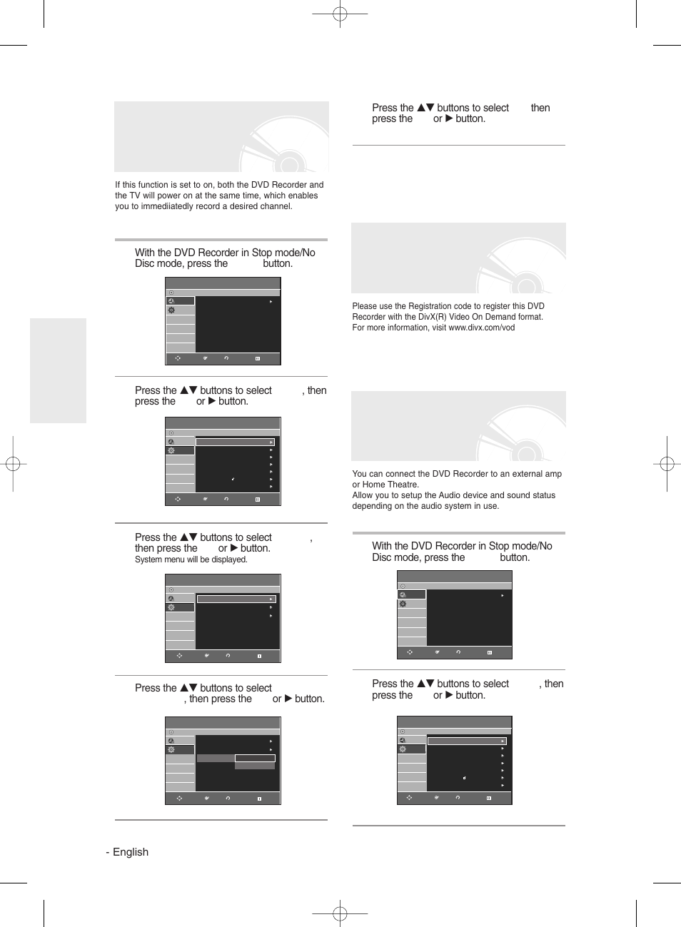 Quick recording setting, Divx(r) registration, Setting up the audio options | English, System setup | Samsung DVD-R130 User Manual | Page 32 / 93
