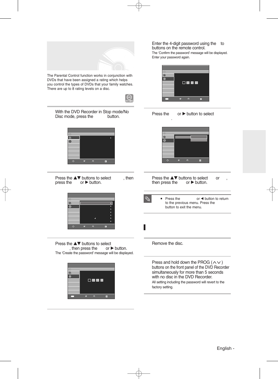 Setting up the parental control, If you forgot your password, English | Press the ok or √ button to select password, Remove the disc | Samsung DVD-R130 User Manual | Page 37 / 93