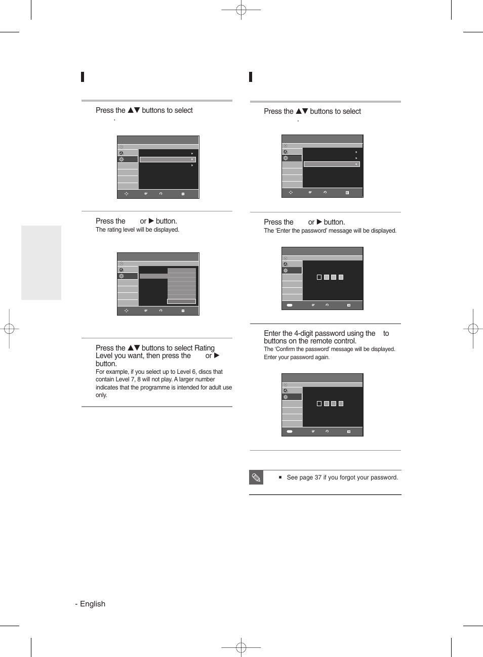 About the rating level, About the change password, About the rating level about the change password | English, Press the …† buttons to select change password, Press the ok or √ button, Press the …† buttons to select rating level, System setup | Samsung DVD-R130 User Manual | Page 38 / 93