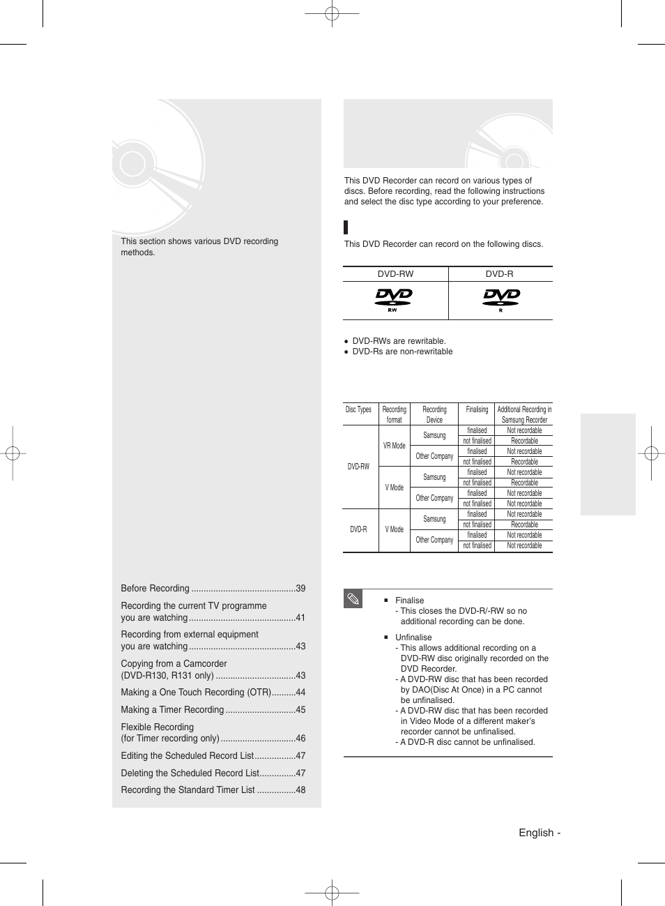 Recording, Before recording, Recordable discs | Samsung DVD-R130 User Manual | Page 39 / 93