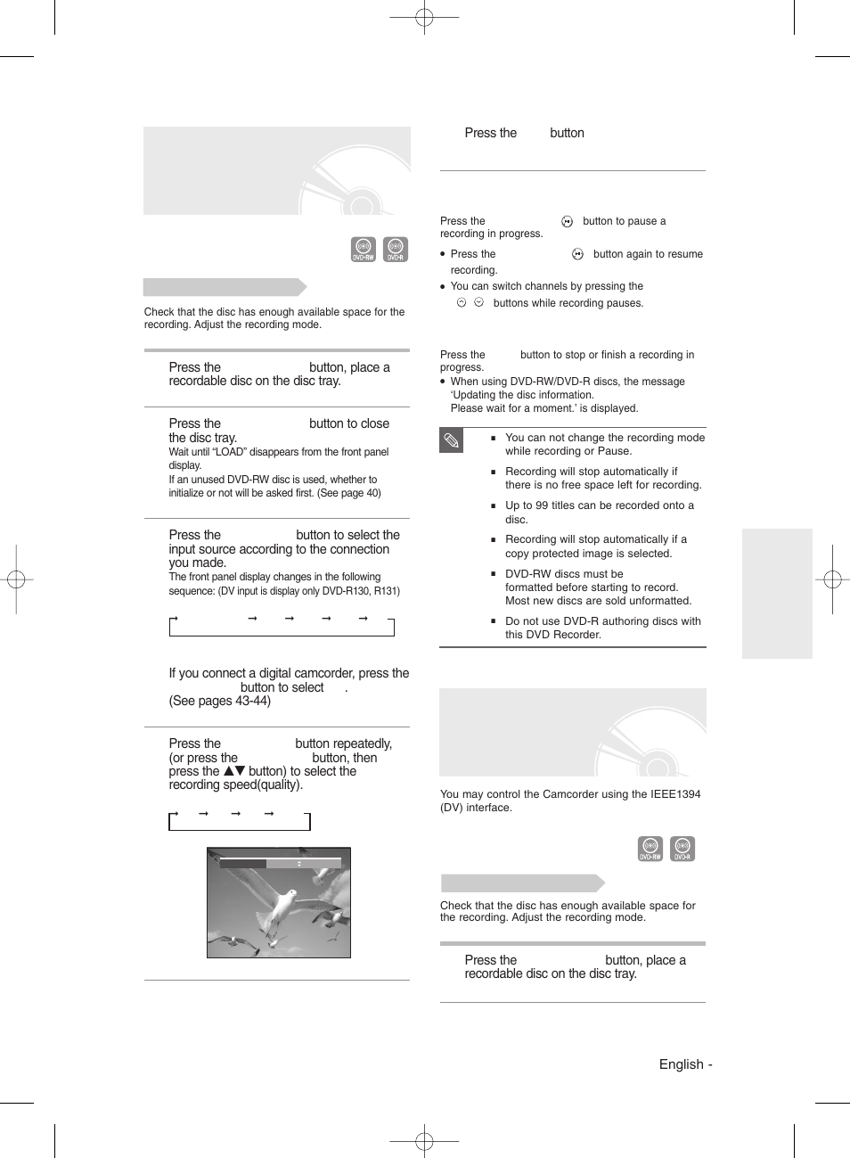 Recording from external equipment you are watching, Copying from a camcorder (dvd-r130, r131 only) | Samsung DVD-R130 User Manual | Page 43 / 93