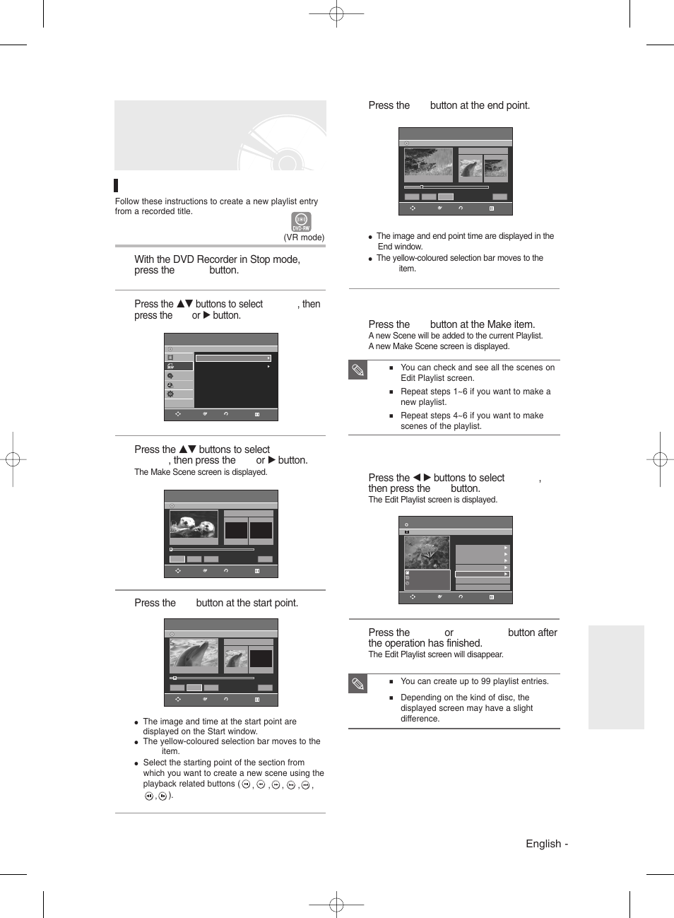 Advanced editing (playlist), Creating a playlist, English | Press the ok button at the end point, Press the ok button at the make item, Press the ok button at the start point | Samsung DVD-R130 User Manual | Page 73 / 93