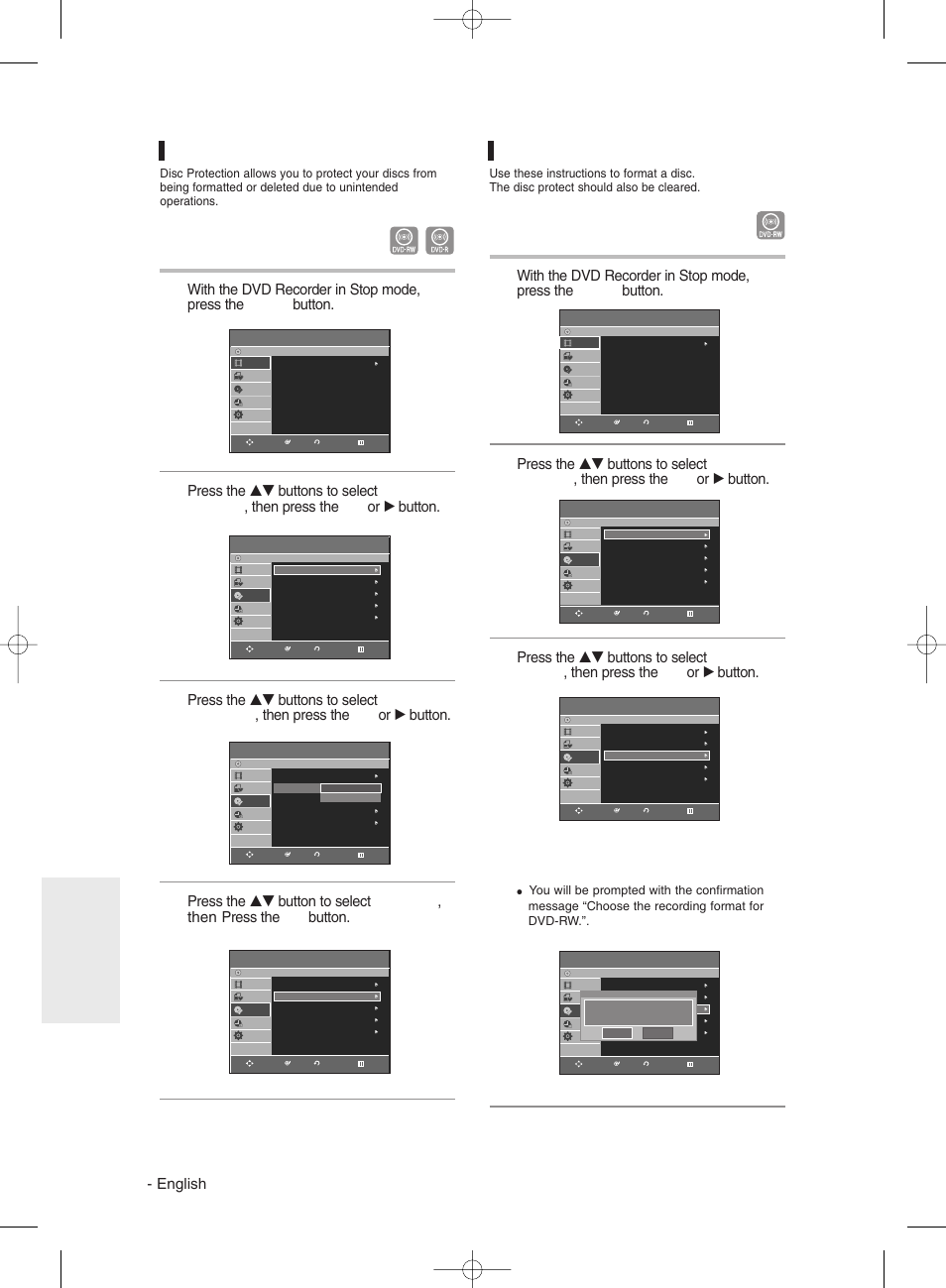 Disc protection, Formatting a disc, English | Editing, Dvd-rw | Samsung DVD-R130 User Manual | Page 82 / 93