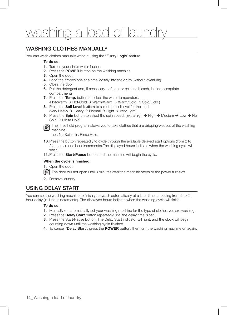 Washing a load of laundry, Washing clothes manually, Using delay start | Samsung WF-J1254 User Manual | Page 14 / 48