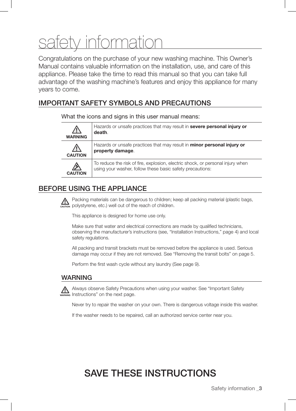 Safety information, Save these instructions, Important safety symbols and precautions | Before using the appliance | Samsung WF-J1254 User Manual | Page 3 / 48