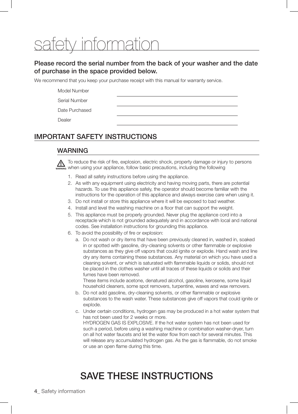 Safety information, Save these instructions, Important safety instructions | Samsung WF-J1254 User Manual | Page 4 / 48