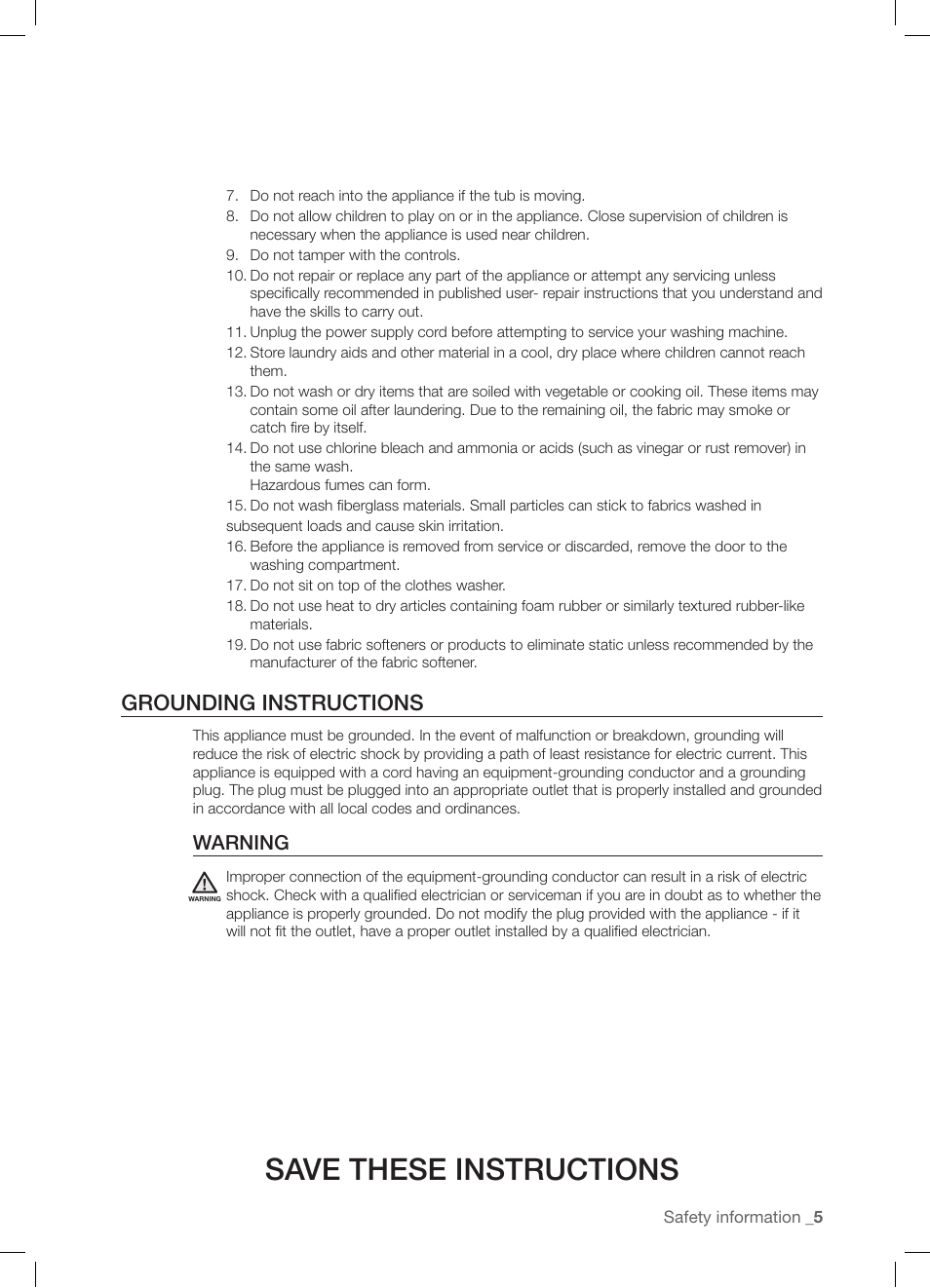 Save these instructions, Grounding instructions, Warning | Samsung WF-J1254 User Manual | Page 5 / 48