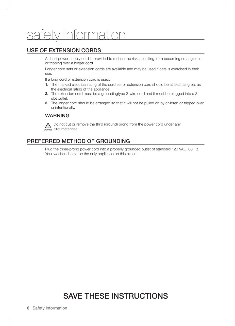 Safety information, Save these instructions | Samsung WF-J1254 User Manual | Page 6 / 48