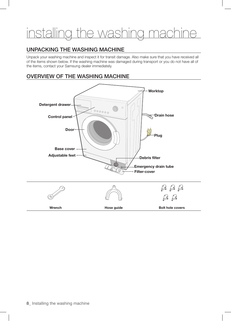 Installing the washing machine, Unpacking the washing machine, Overview of the washing machine | Samsung WF-J1254 User Manual | Page 8 / 48