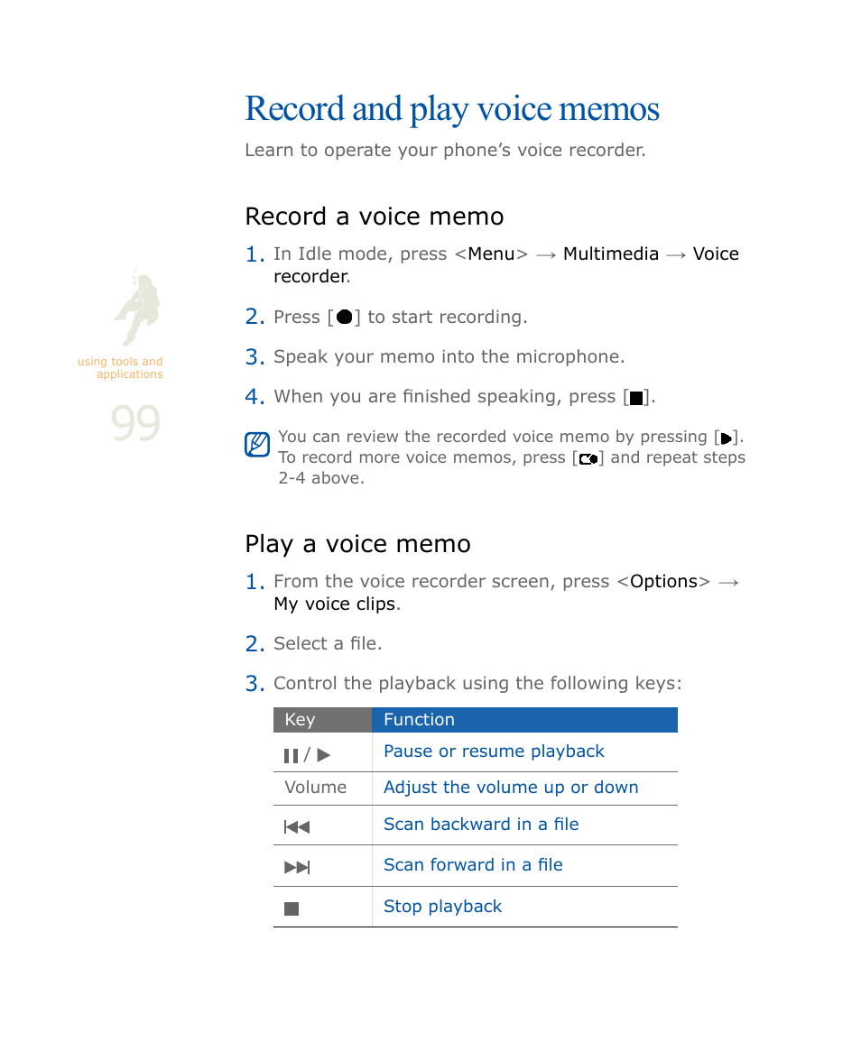 Record and play voice memos, Record a voice memo, Play a voice memo | Samsung SOUL SGH-U900 User Manual | Page 100 / 152