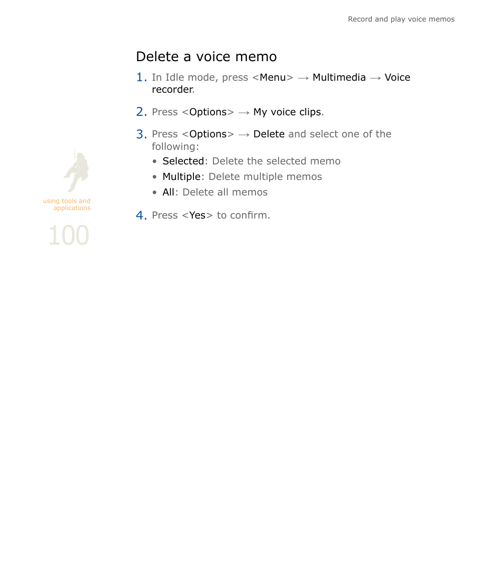 Delete a voice memo | Samsung SOUL SGH-U900 User Manual | Page 101 / 152
