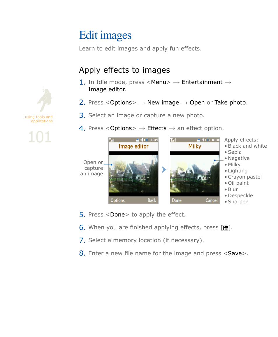 Edit images, Apply effects to images | Samsung SOUL SGH-U900 User Manual | Page 102 / 152