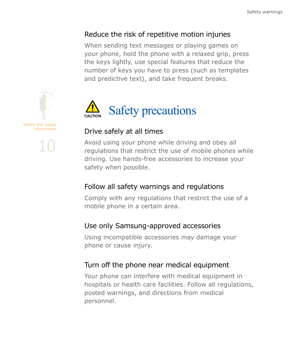 Safety precautions | Samsung SOUL SGH-U900 User Manual | Page 11 / 152