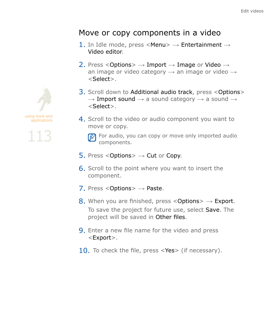 Move or copy components in a video | Samsung SOUL SGH-U900 User Manual | Page 114 / 152