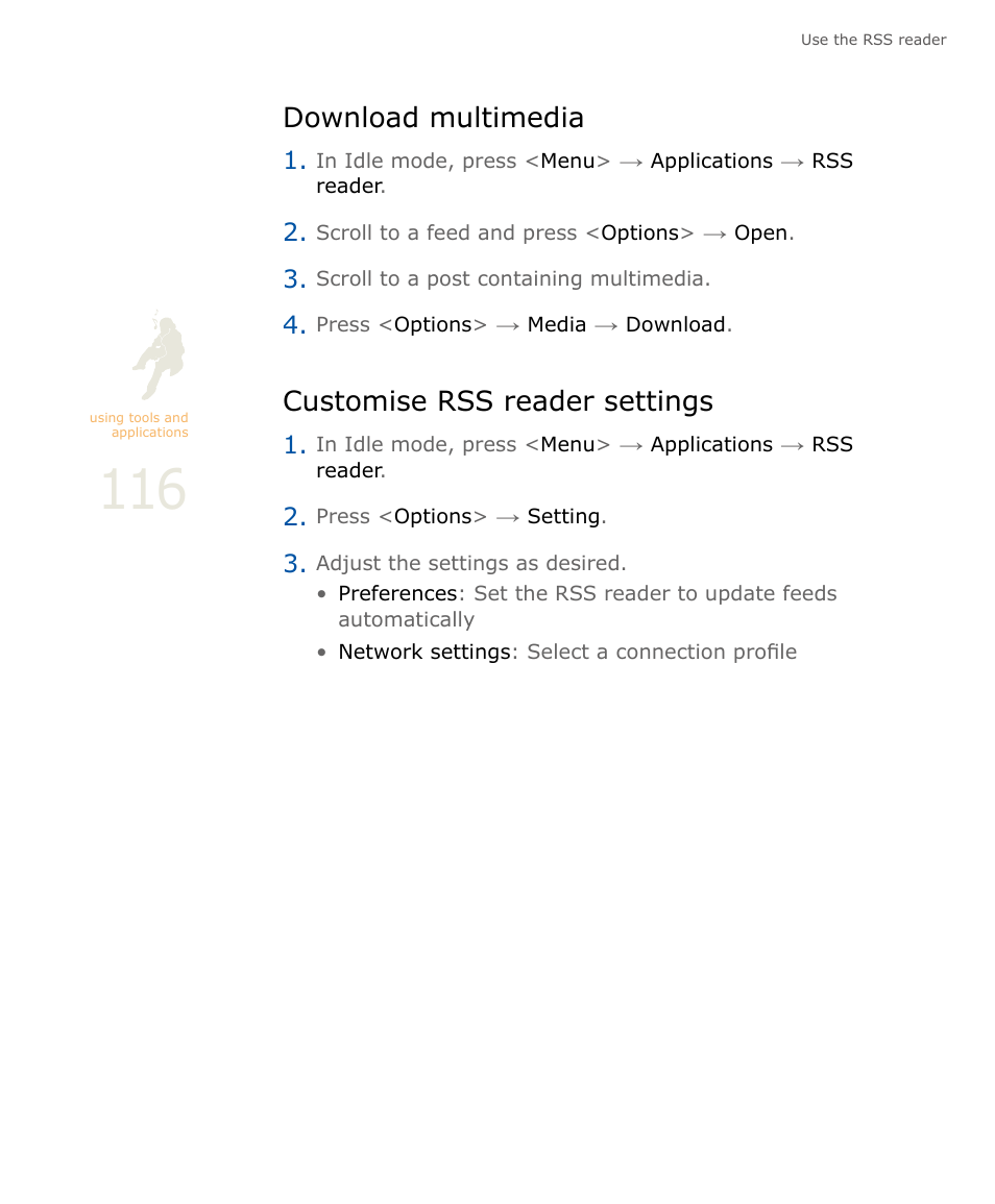 Download multimedia, Customise rss reader settings, Download multimedia customise rss reader settings | Samsung SOUL SGH-U900 User Manual | Page 117 / 152