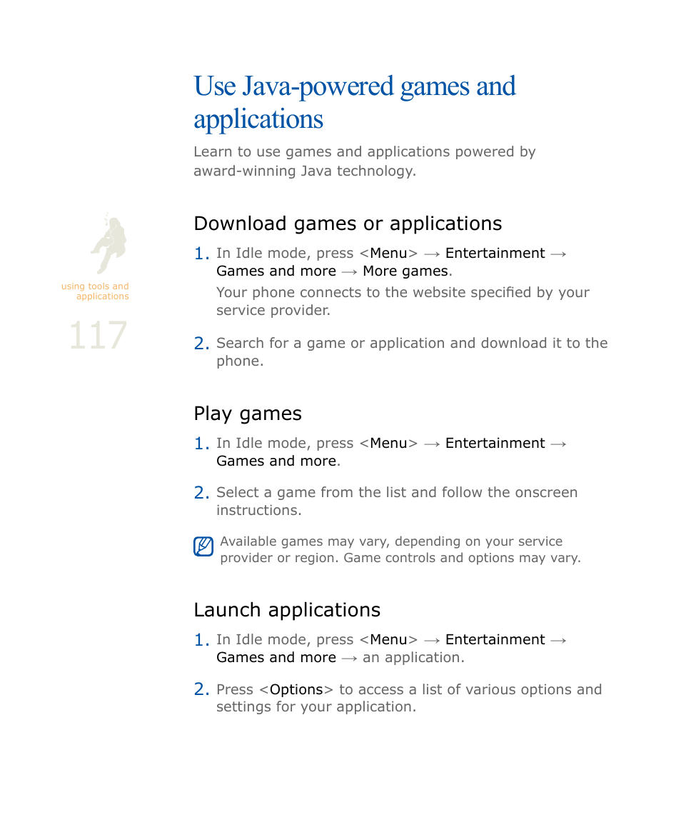 Use java-powered games and applications, Download games or applications, Play games | Launch applications | Samsung SOUL SGH-U900 User Manual | Page 118 / 152