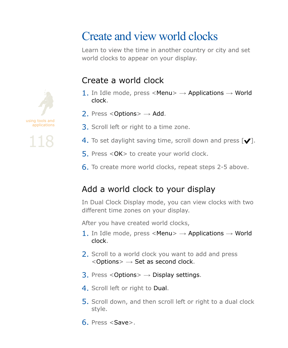 Create and view world clocks, Create a world clock, Add a world clock to your display | Samsung SOUL SGH-U900 User Manual | Page 119 / 152