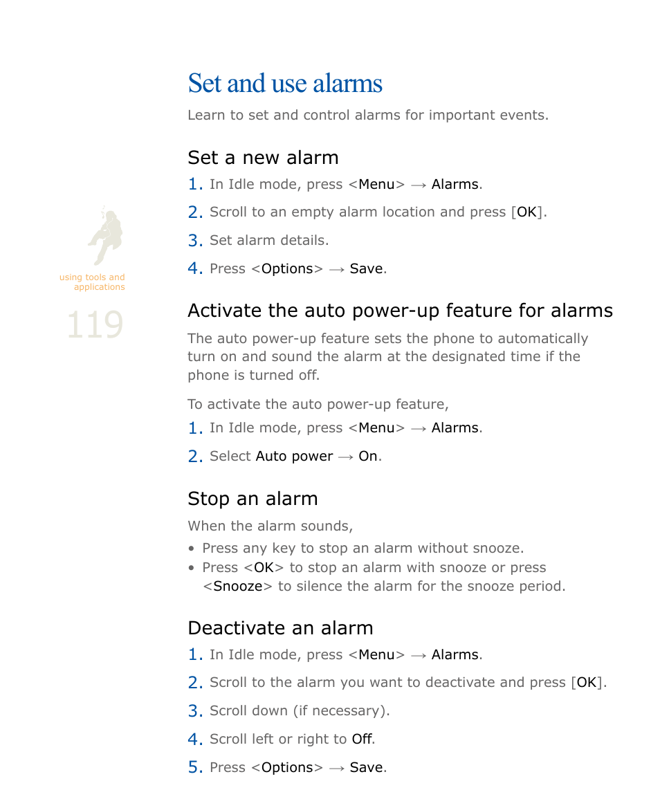 Set and use alarms, Set a new alarm, Activate the auto power-up feature for alarms | Stop an alarm, Deactivate an alarm, Stop an alarm deactivate an alarm, P. 119 | Samsung SOUL SGH-U900 User Manual | Page 120 / 152