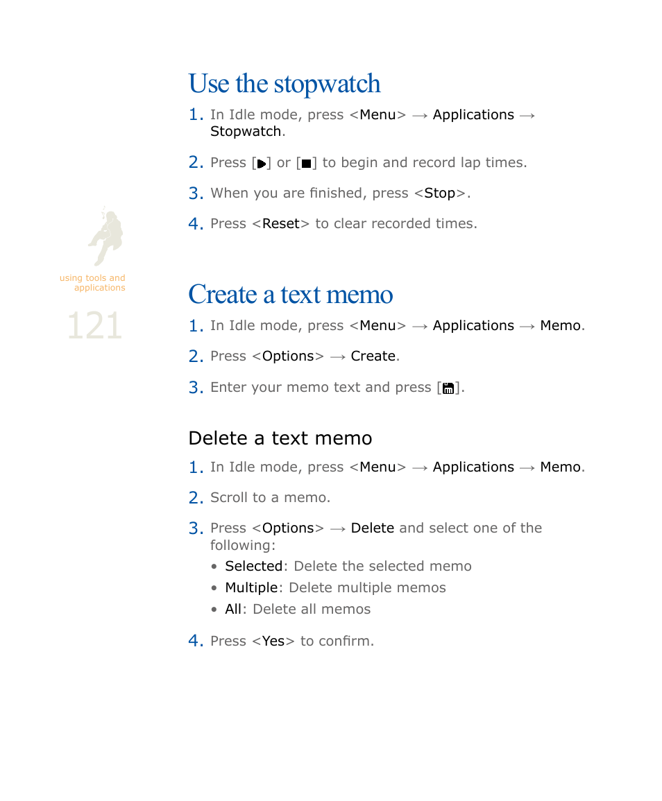 Use the stopwatch, Create a text memo, Delete a text memo | Use the stopwatch create a text memo | Samsung SOUL SGH-U900 User Manual | Page 122 / 152