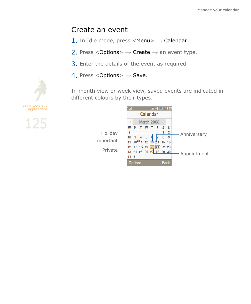 Create an event | Samsung SOUL SGH-U900 User Manual | Page 126 / 152
