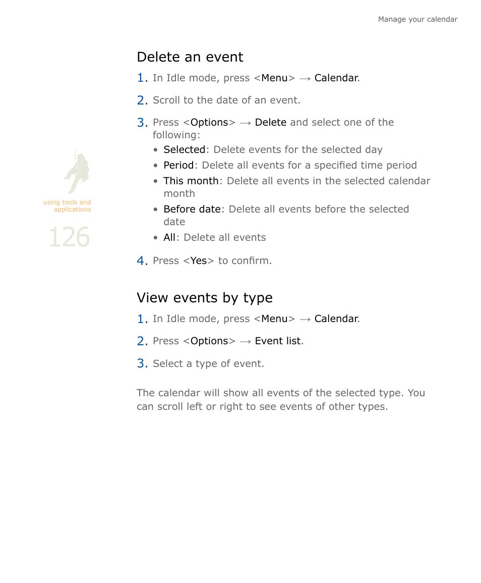 Delete an event, View events by type, Delete an event view events by type | Samsung SOUL SGH-U900 User Manual | Page 127 / 152