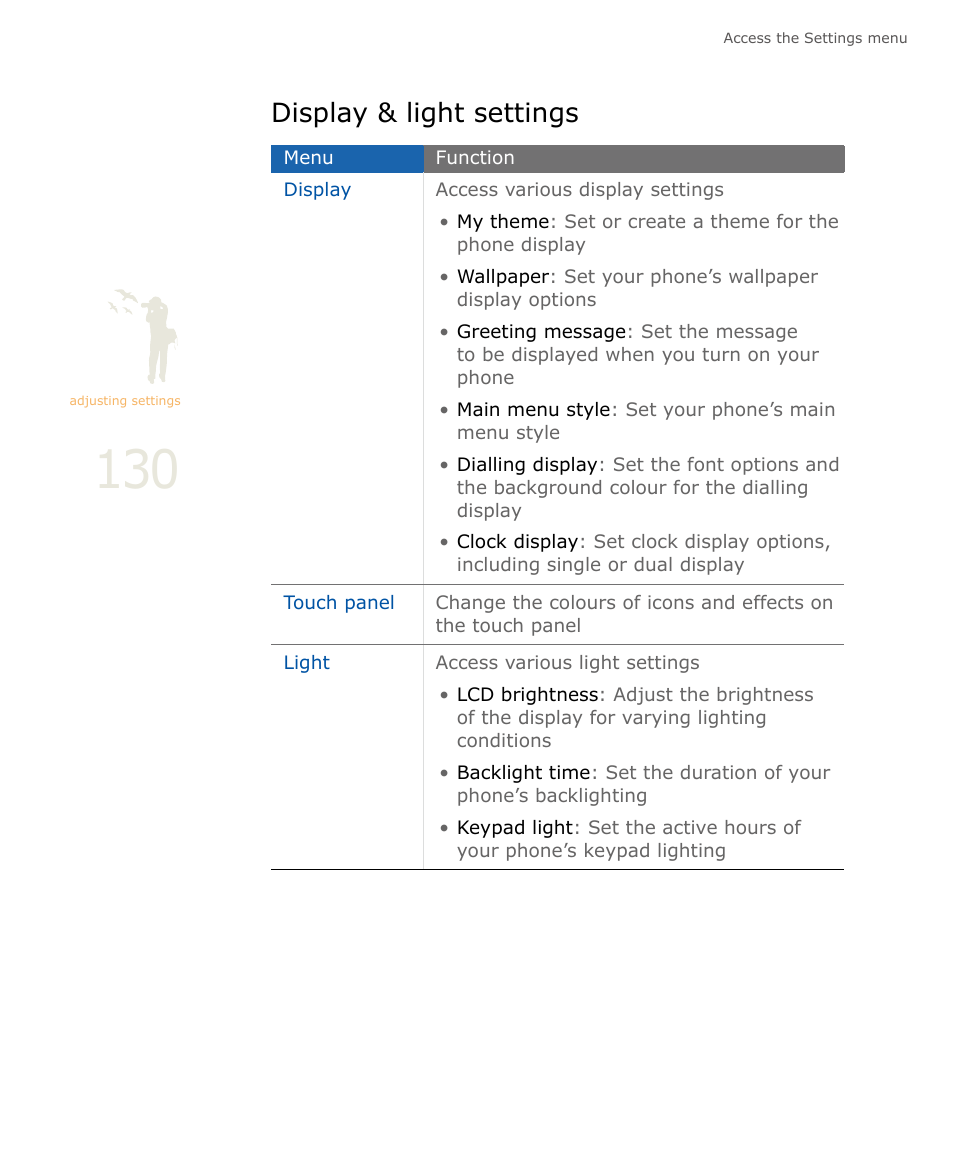 Display & light settings | Samsung SOUL SGH-U900 User Manual | Page 131 / 152
