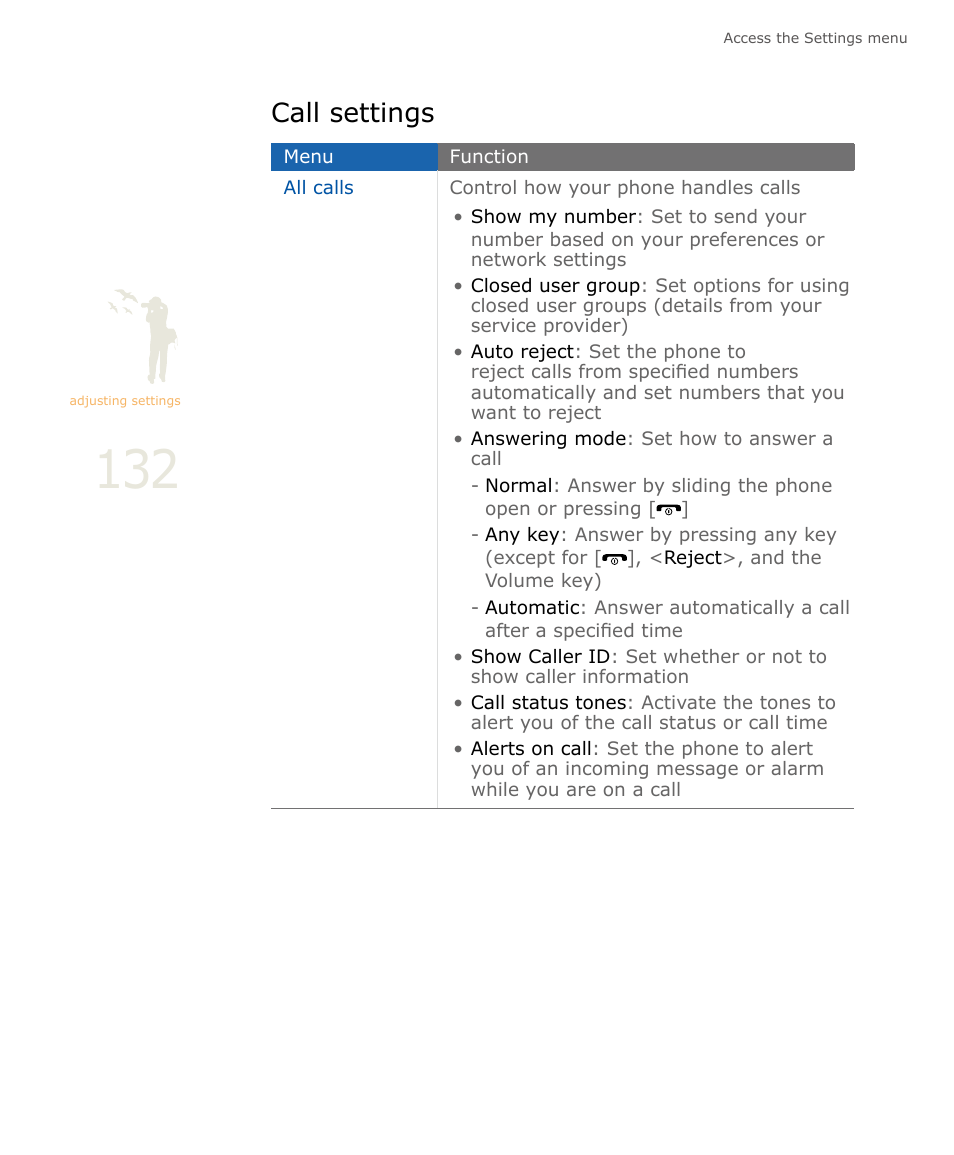 Call settings | Samsung SOUL SGH-U900 User Manual | Page 133 / 152