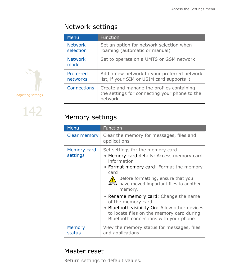 Network settings, Memory settings, Master reset | Network settings memory settings master reset | Samsung SOUL SGH-U900 User Manual | Page 143 / 152