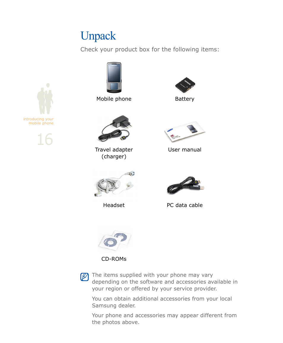 Unpack | Samsung SOUL SGH-U900 User Manual | Page 17 / 152