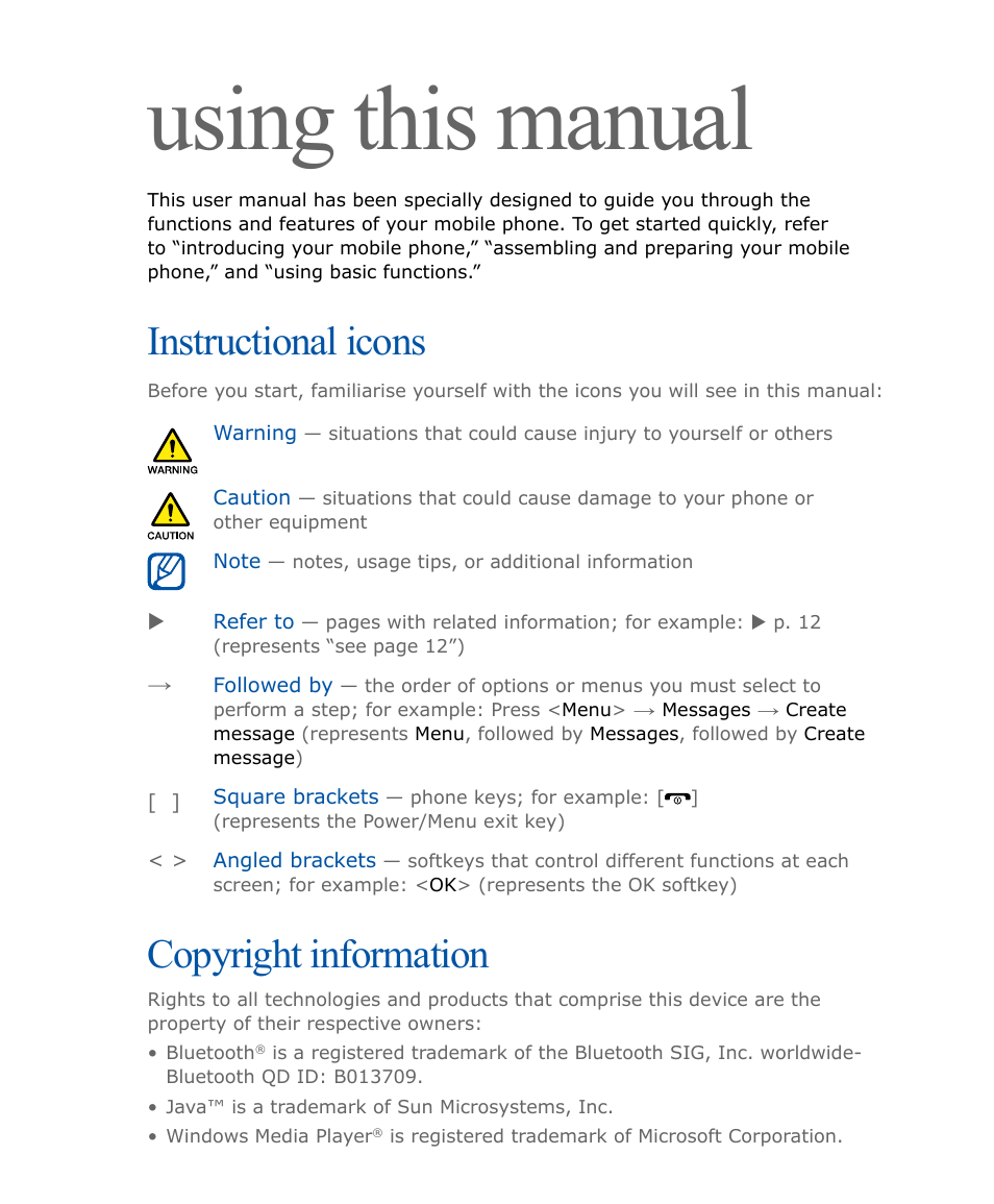 Using this manual, Instructional icons, Copyright information | Samsung SOUL SGH-U900 User Manual | Page 2 / 152