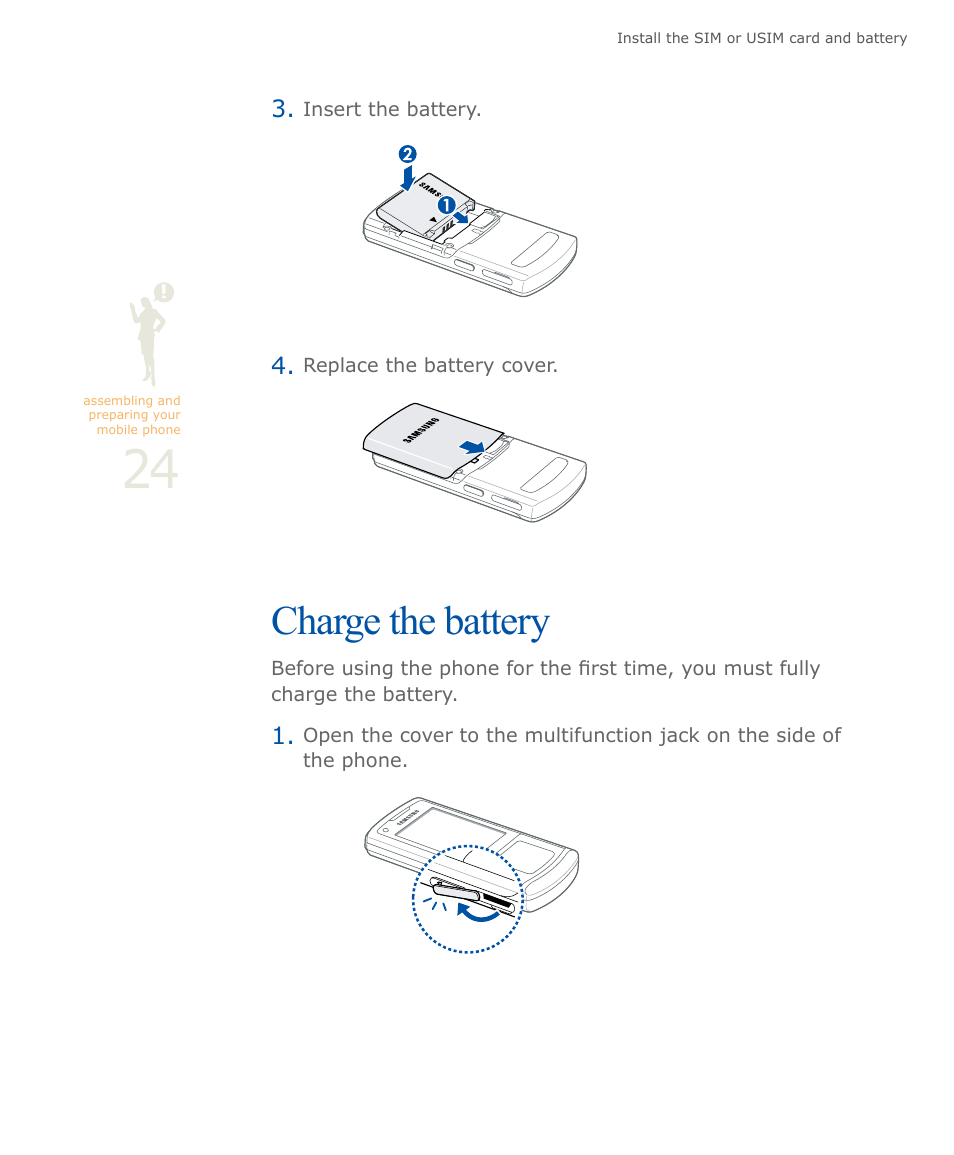 Charge the battery, P. 24 | Samsung SOUL SGH-U900 User Manual | Page 25 / 152