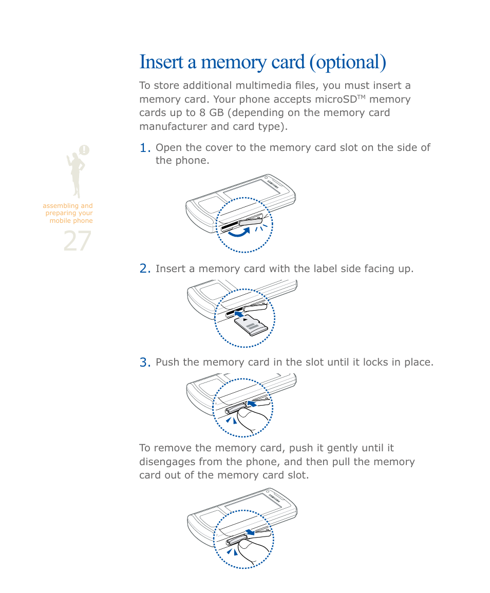 Insert a memory card (optional), P. 27 | Samsung SOUL SGH-U900 User Manual | Page 28 / 152
