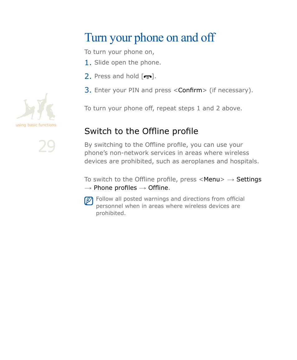 Turn your phone on and off, Switch to the offline profile, P. 29 | Samsung SOUL SGH-U900 User Manual | Page 30 / 152