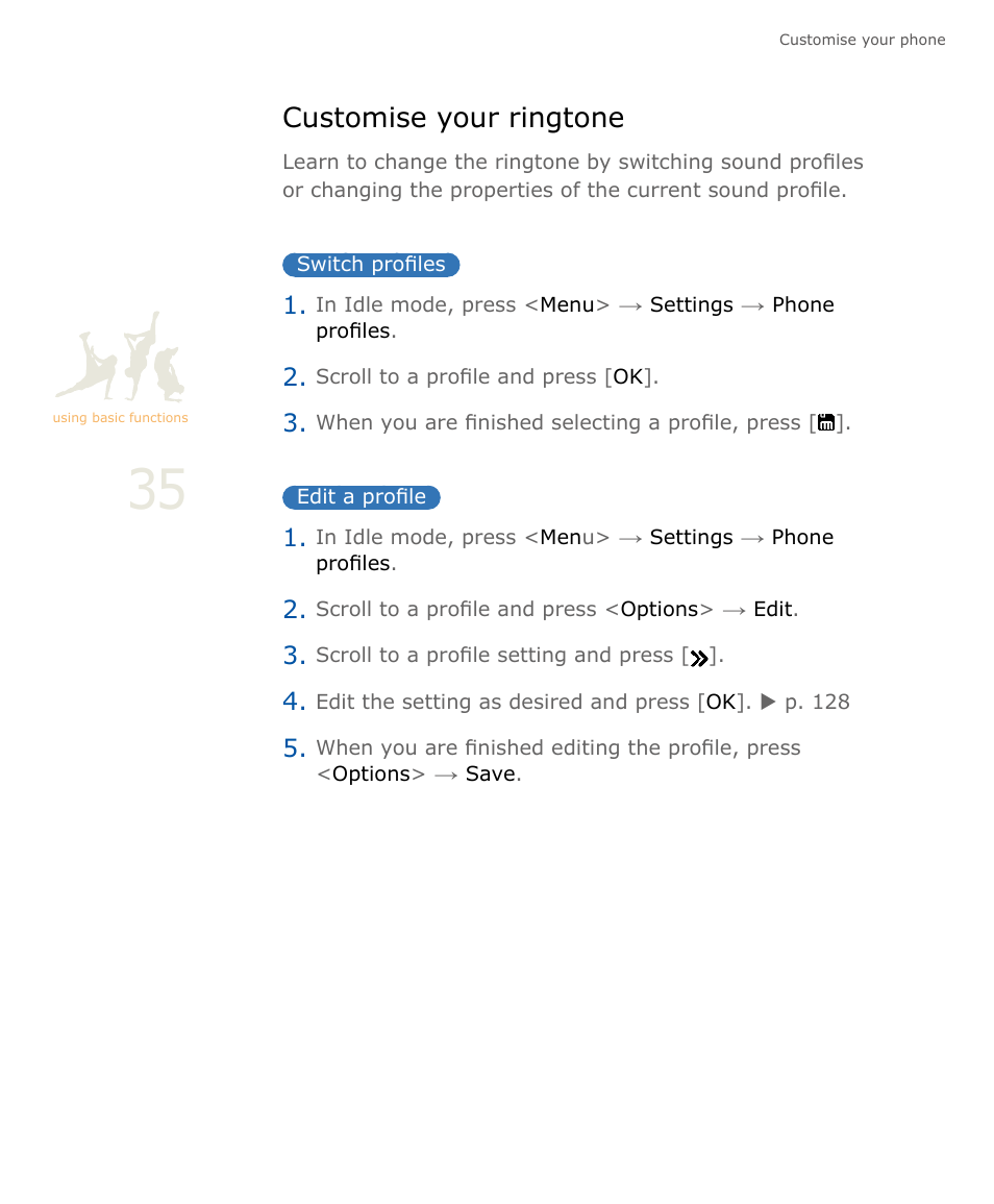 Customise your ringtone, Switch profiles, Edit a profile | P. 35 | Samsung SOUL SGH-U900 User Manual | Page 36 / 152