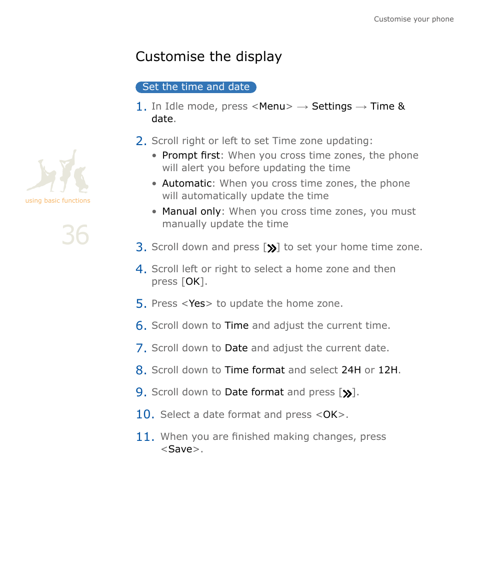 Customise the display, Set the time and date, P. 36 | Samsung SOUL SGH-U900 User Manual | Page 37 / 152