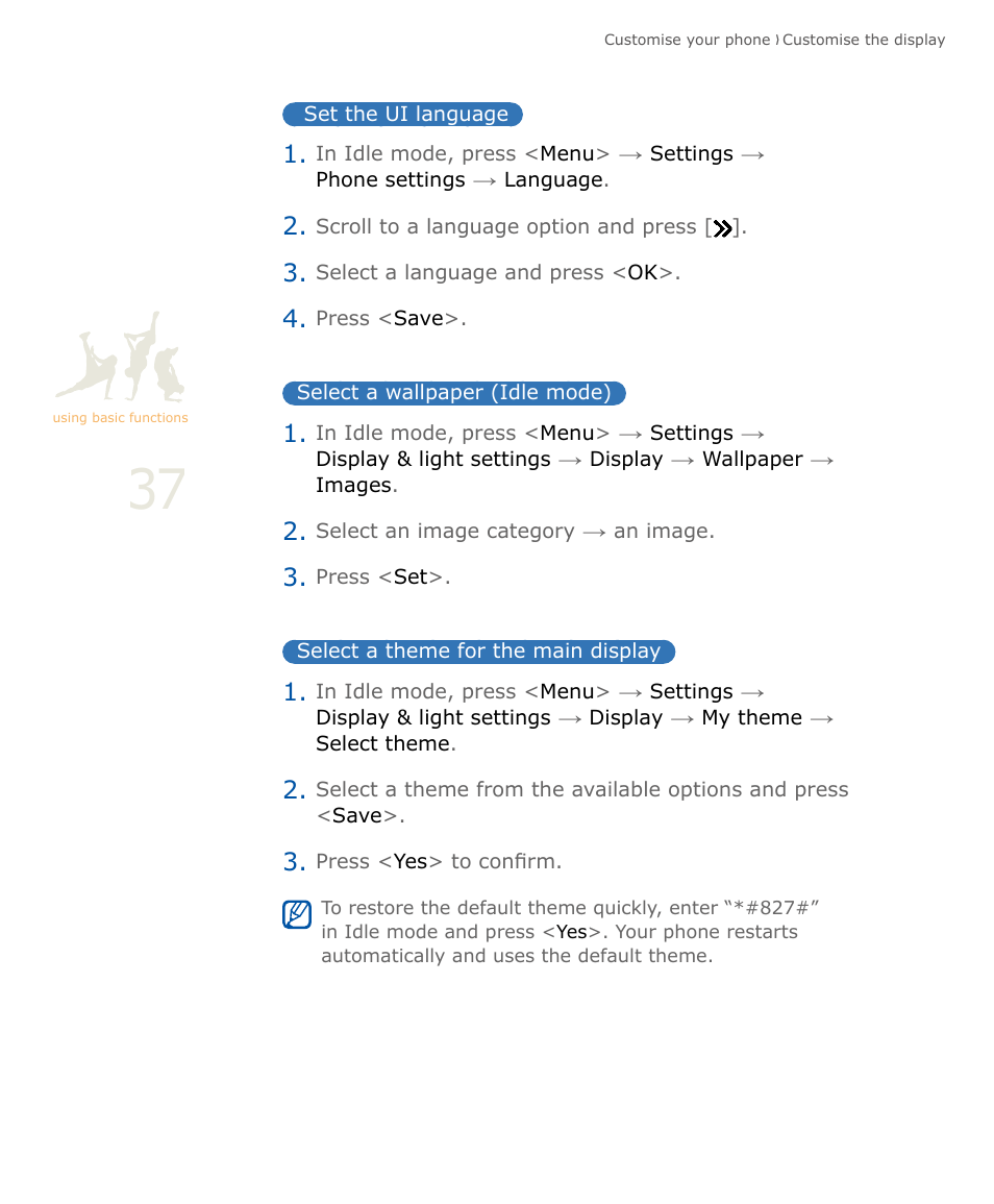 Set the ui language, Select a wallpaper (idle mode), Select a theme for the main display | Samsung SOUL SGH-U900 User Manual | Page 38 / 152