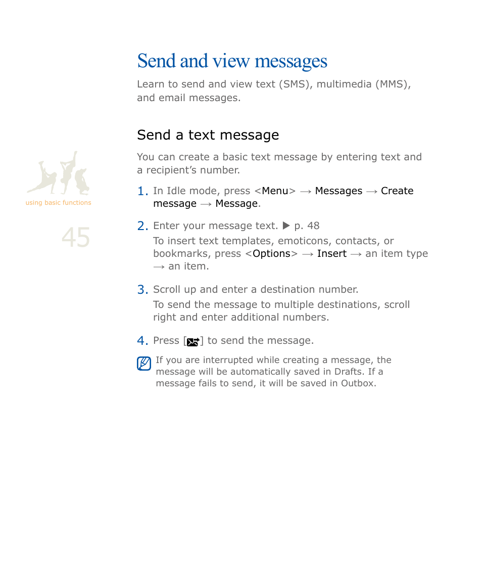 Send and view messages, Send a text message | Samsung SOUL SGH-U900 User Manual | Page 46 / 152