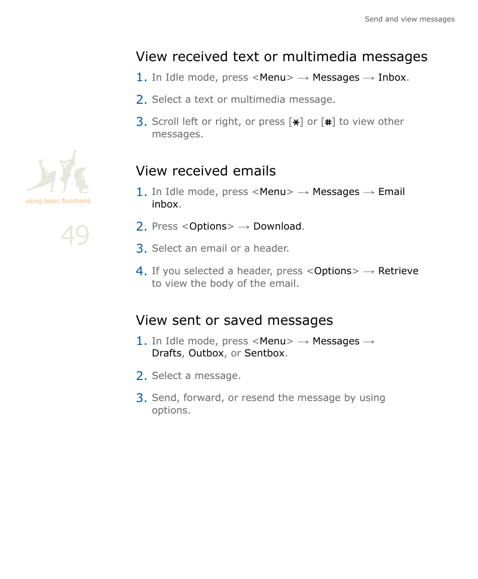 View received text or multimedia messages, View received emails, View sent or saved messages | P. 49 | Samsung SOUL SGH-U900 User Manual | Page 50 / 152