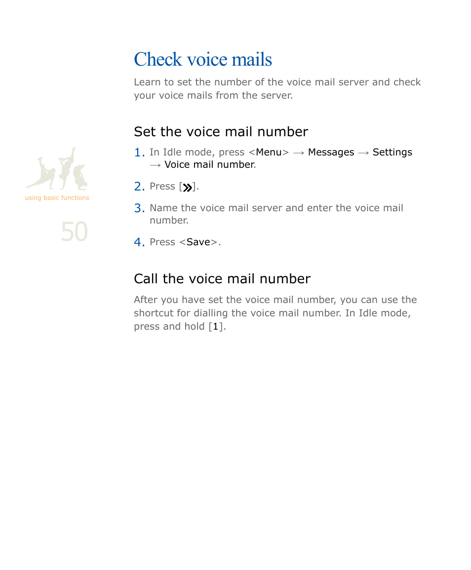 Check voice mails, Set the voice mail number, Call the voice mail number | P. 50 | Samsung SOUL SGH-U900 User Manual | Page 51 / 152