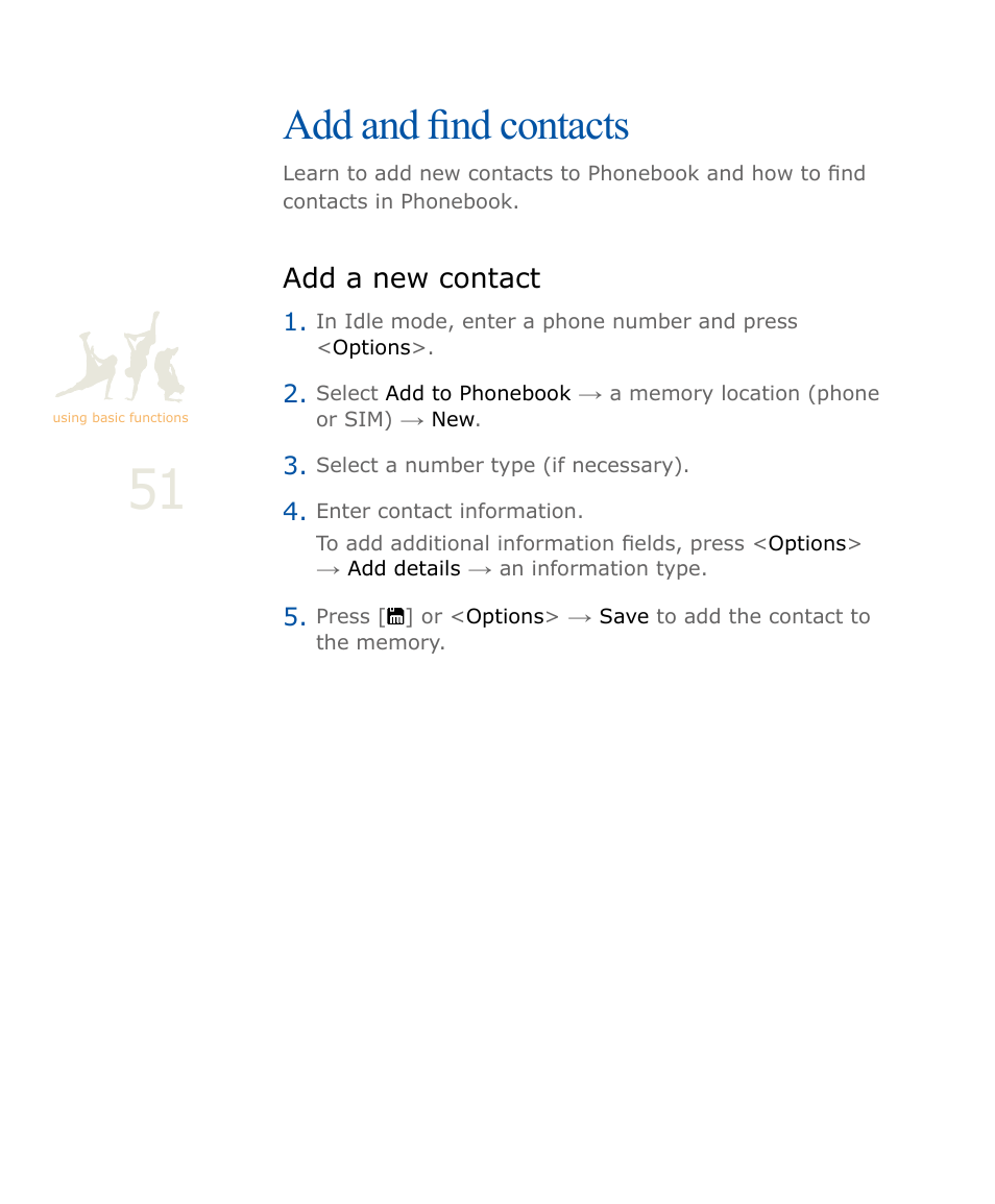 Add and find contacts, Add a new contact | Samsung SOUL SGH-U900 User Manual | Page 52 / 152